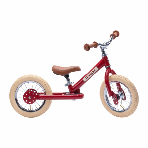 TRYBIKE - draisienne rouge - acier - vintage - roues blanches - cuir - évolutive