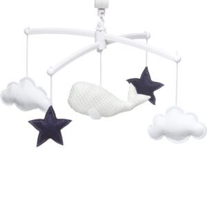 Mobile musical POUCE ET LINA Baleine blanche étoiles bleues marine et nuages blancs