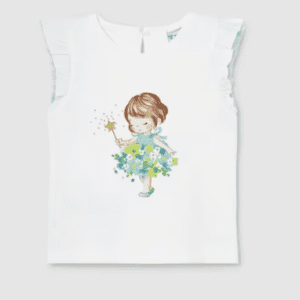 T-shirt blanc bébé fille imprimée petite fée bleue et tulle aux épaules