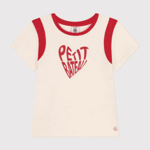 T-shirt avalanche avec col et épaulette rouge inscription Petit Bateau en coeur coeur