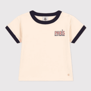 T-shirt bébé crème avec extrémité bleu et inscription PARIS