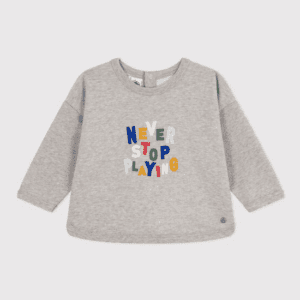 Sweatshirt bébé gris chiné avec inscription never stop playing
