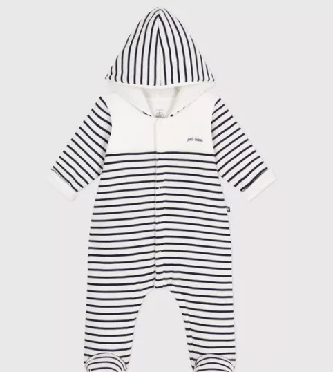 Combinaison bébé ouatinée à capuche et pieds - Marinière