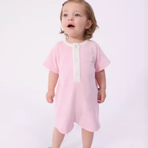 Combinaison courte bébé en coton unie - Rose