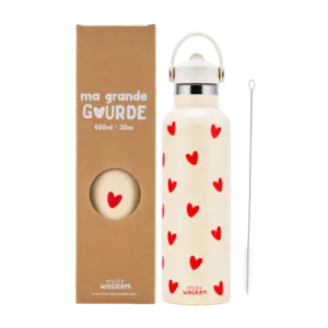 Gourde 600ml - Crème coeurs rouge