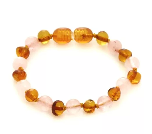 Bracelet bébé - Ambre et quartz rose