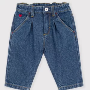 Pantalon bébé en denim uni et broderie cœur