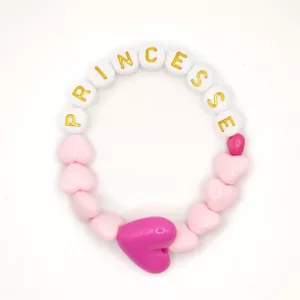 Bracelet GAGA - Rose pastel, Blanc doré & Maxi coeur Fuchsia PRINCESSE